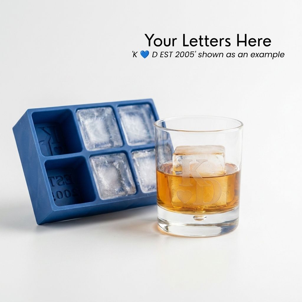 Personalised monogrammed ice cube in a whiskey glass beside the blue silicone tray