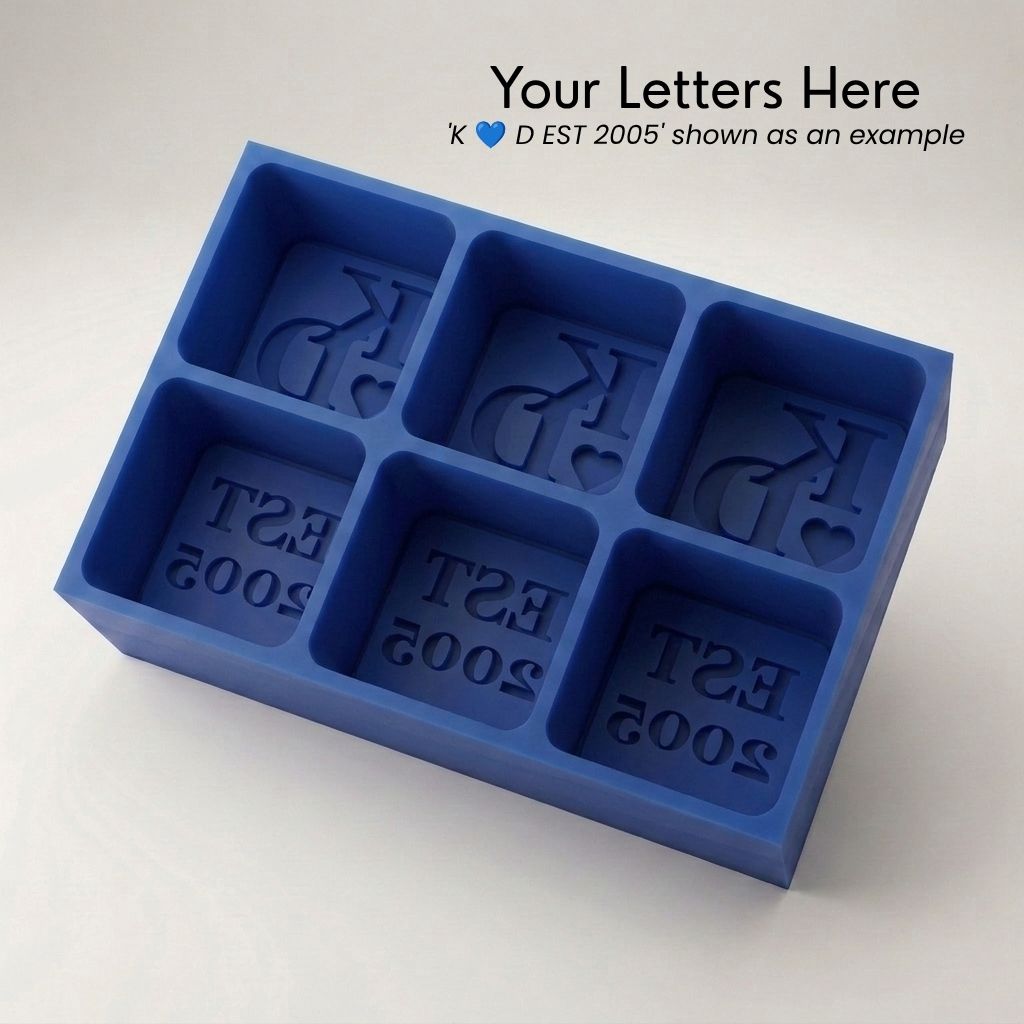 Blue monogrammed silicone ice cube tray, personalised with custom initials, a love heart and EST year