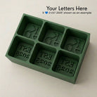 Sage green monogrammed silicone ice cube tray, personalised with custom initials, a love heart and EST year