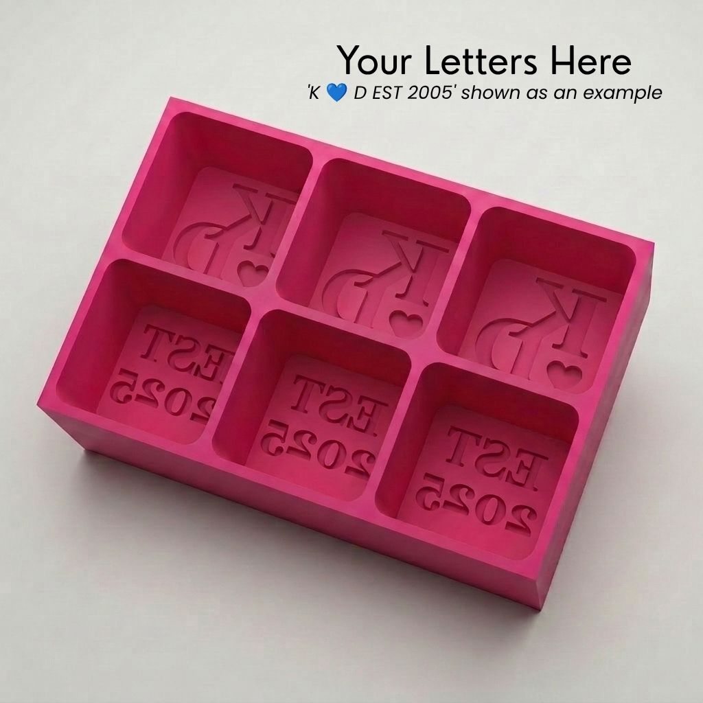 Pink monogrammed silicone ice cube tray, personalised with custom initials, a love heart and EST year