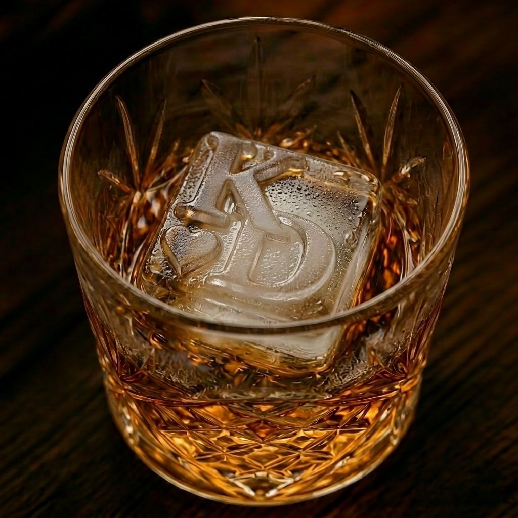 Monogrammed ice cube with custom initials and EST year in a glass of whiskey