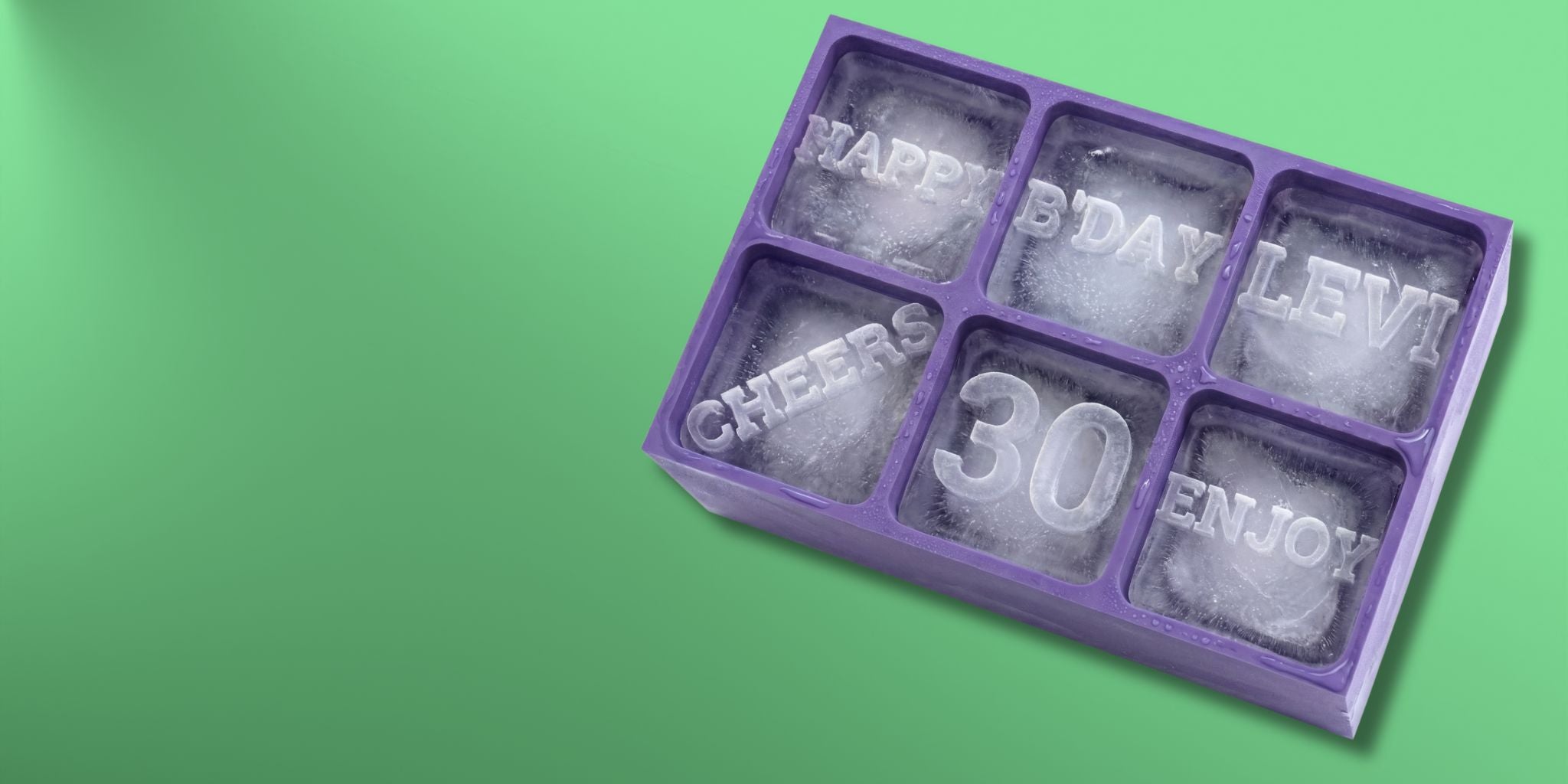 Personalised birthday ice cube tray engraved with Happy Birthday Levi Cheers 30 Enjoy, purple silicone mold, unique 30th birthday gift