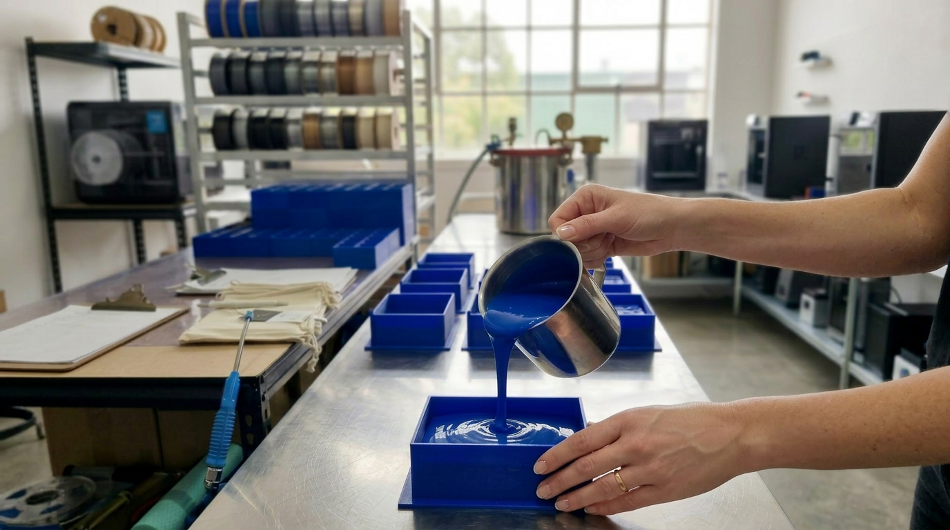 Person pouring blue liquid into a mold in a workshop setting