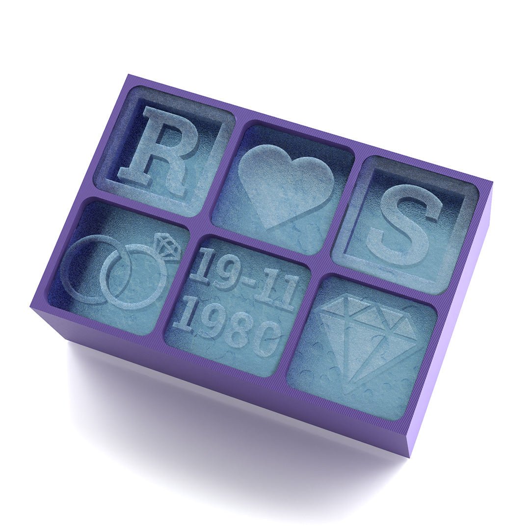 Romantic Initials & Date Ice Tray – Personalised Couple Gift with Heart, Ring & Diamond Symbols - Chilled Out Creations