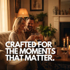 Couple in a cozy living room with text 'Crafted for the moments that matter'.