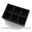 Black handmade silicone wedding initials ice cube tray with “Personalised For Two – Your Initials, Your Symbol